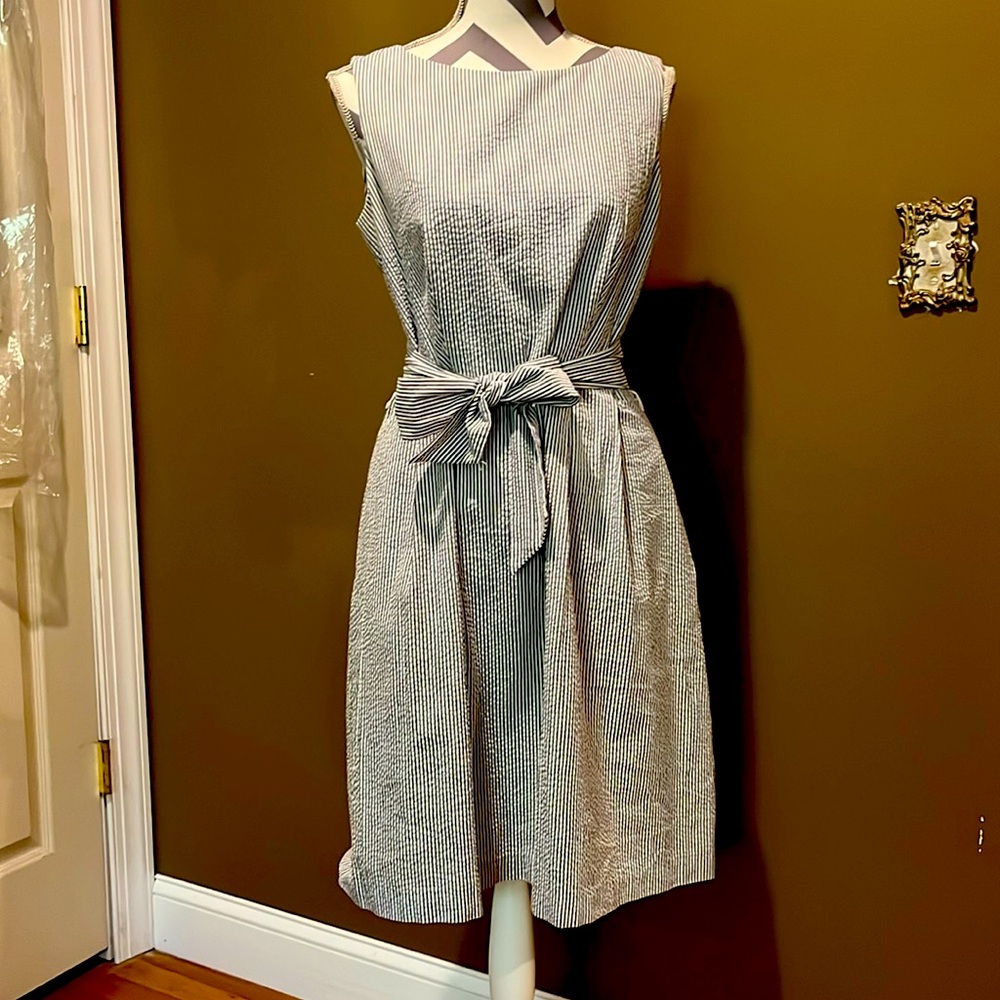 Ann Klein navy and white pinstripe dress with pockets.